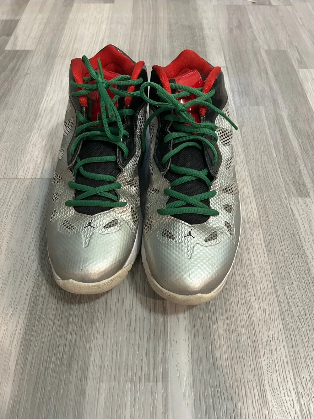 Jordan Silver Athletic Sneakers with Green Laces and Red Lining